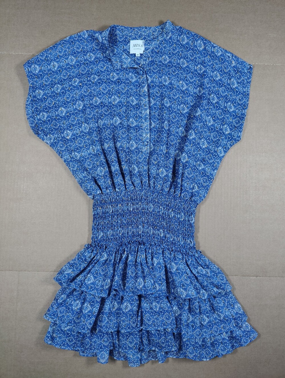 MISA Eloisa Blue Geometric Sleeveless Ruffled Tiered Smocked Dress M Made In USA